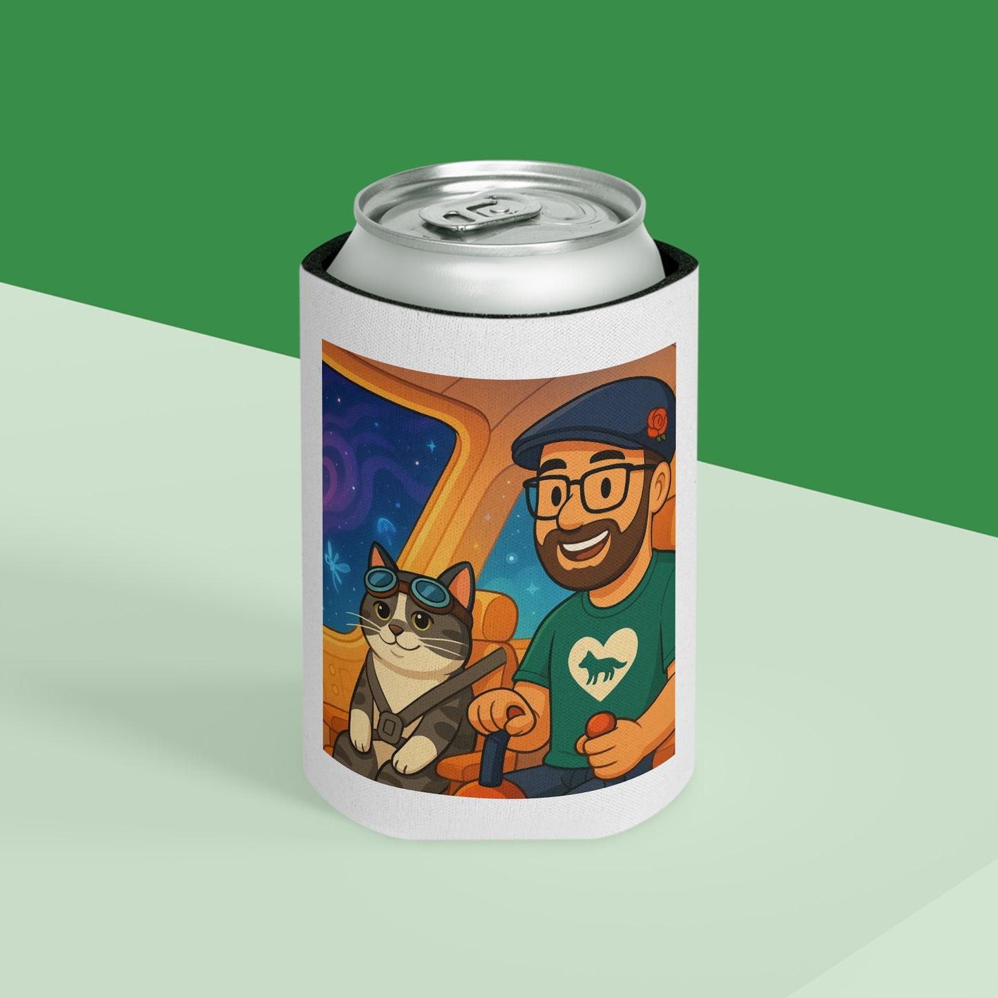 Retro Space Roadtrip Can Cooler – Cartoon Guy & Raccoon Design