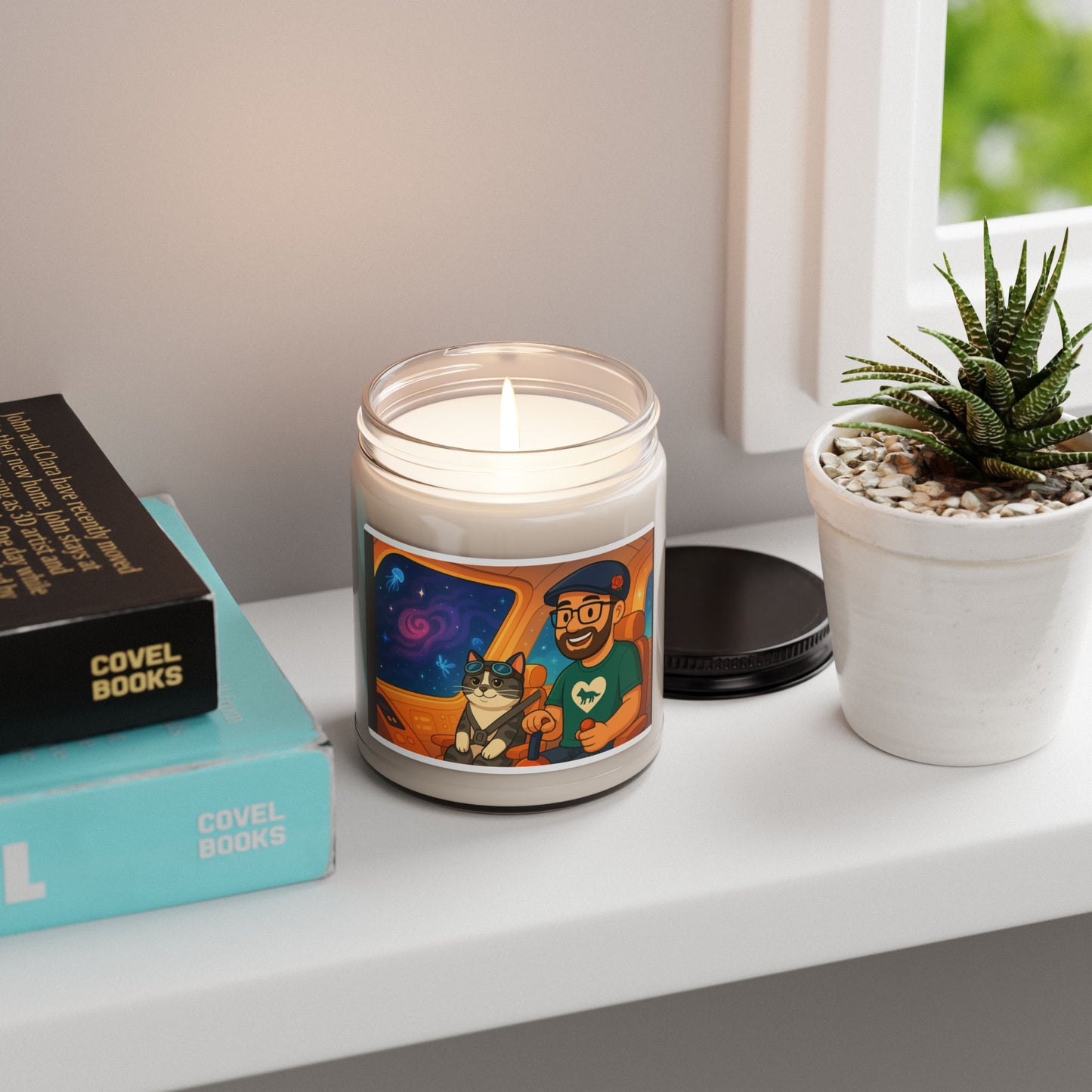 Soy Candle — 'Space Roadtrip' Illustrated Cat + Pilot Scented Candle (9oz)