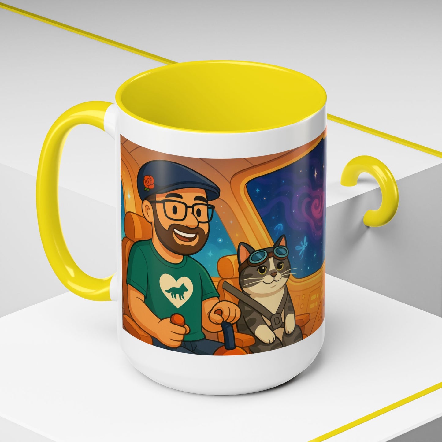 Space Roadtrip Coffee Mug — Cute Cat Copilot Astronaut Travel Illustration (11/15oz)
