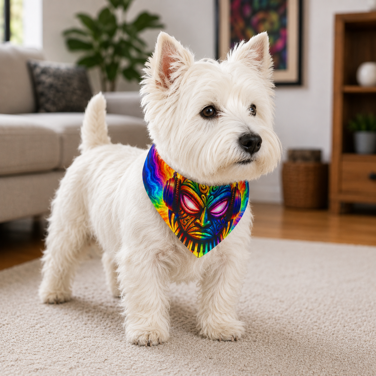 Psychedelic Tribal Mask Clip-On Pet Bandana — Vibrant Festival Dog Collar Accessory