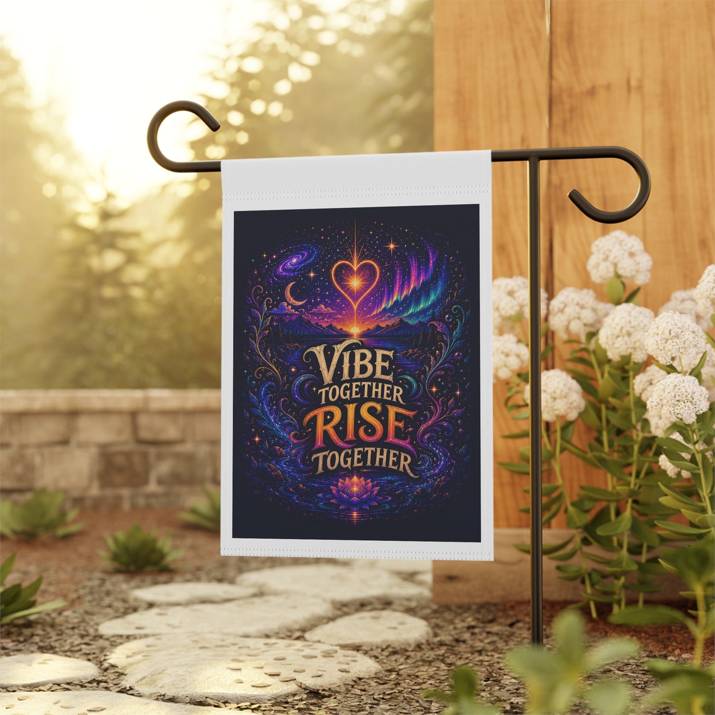 Garden Flag — "Vibe Together, Rise Together" Inspirational Floral Nightscape
