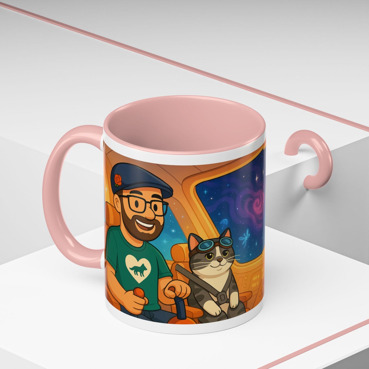 Space Roadtrip Coffee Mug — Cute Cat Copilot Astronaut Travel Illustration (11/15oz)
