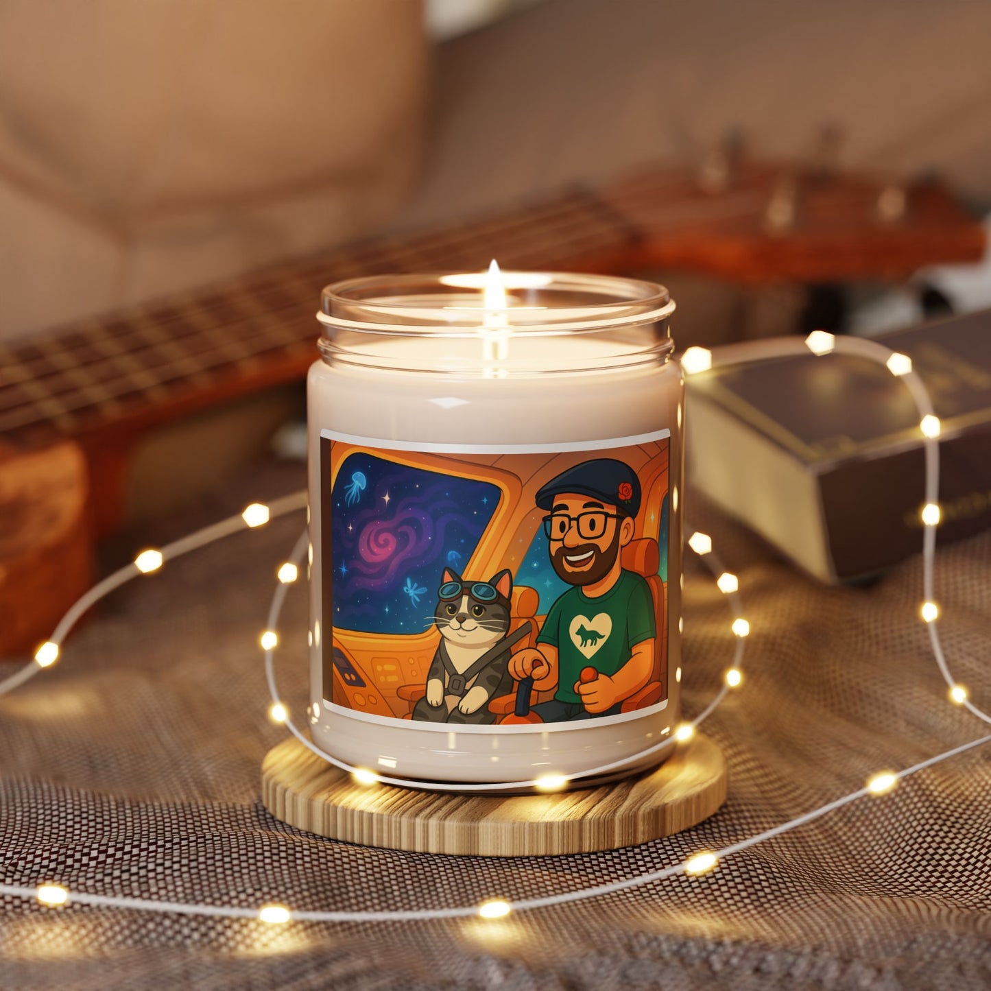 Soy Candle — 'Space Roadtrip' Illustrated Cat + Pilot Scented Candle (9oz)