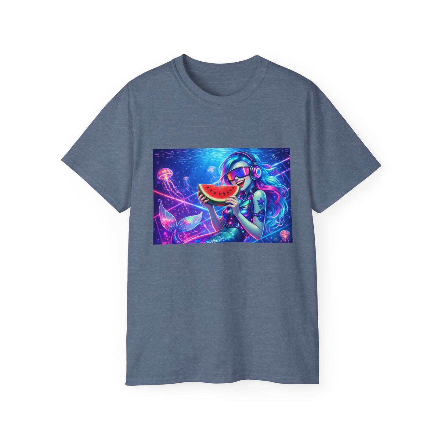 Summer Siren T‑Shirt — Neon Mermaid Eating Watermelon Graphic Tee
