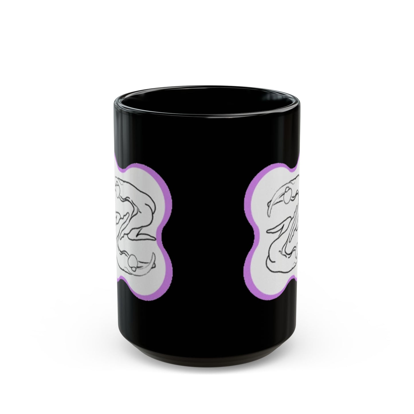 Black Ceramic Mug — Minimalist Abstract Faces Design with Purple Accent (11oz, 15oz)
