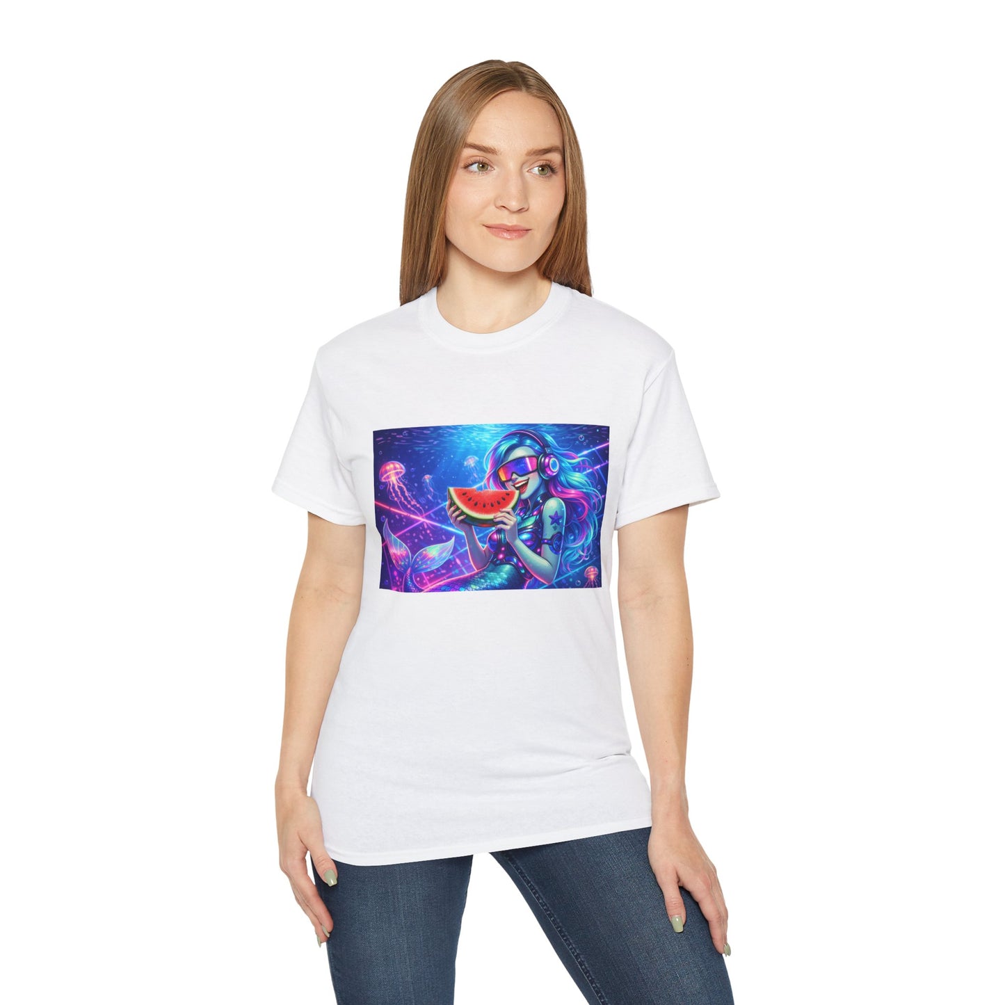 Summer Siren T‑Shirt — Neon Mermaid Eating Watermelon Graphic Tee