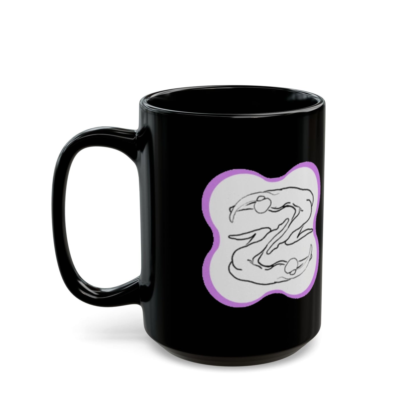 Black Ceramic Mug — Minimalist Abstract Faces Design with Purple Accent (11oz, 15oz)