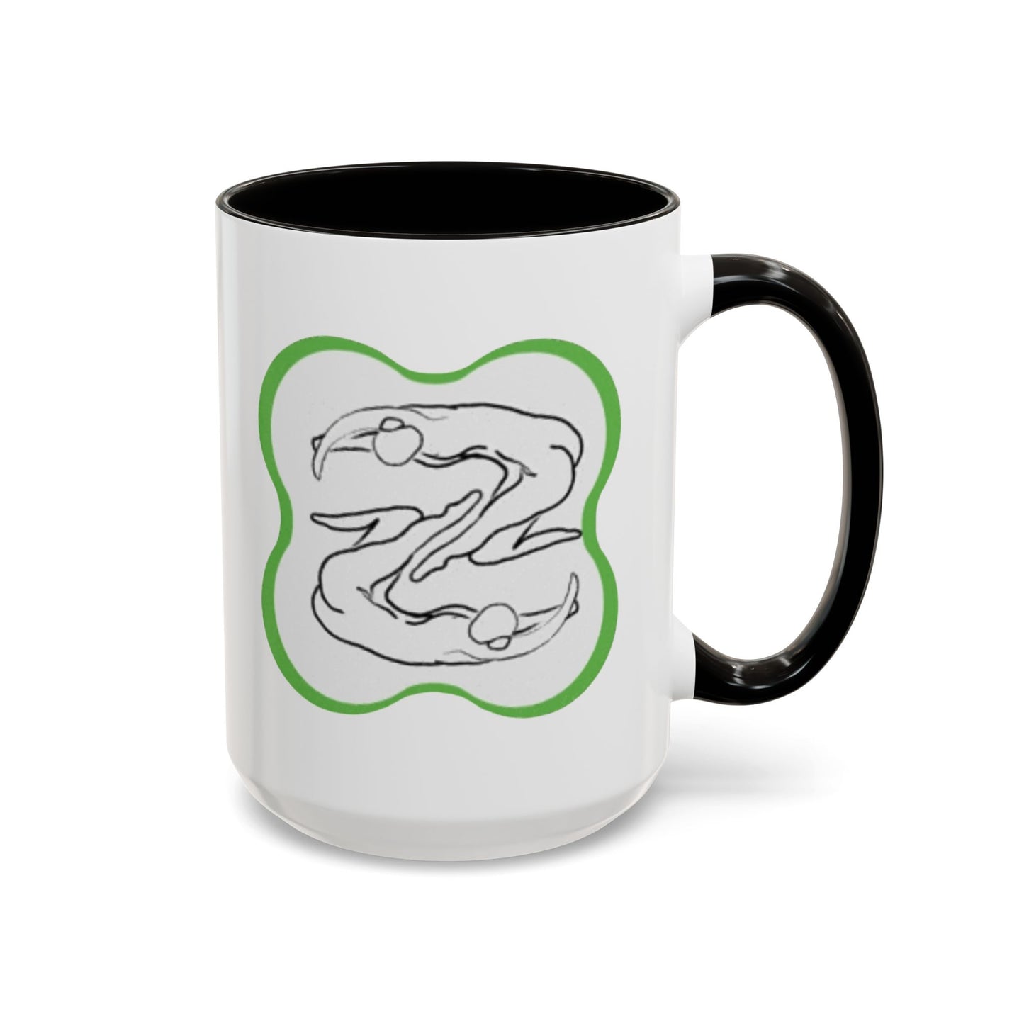 11oz/15oz Ceramic Mug — Minimal Line Art Somatic Embrace Design in Green Frame