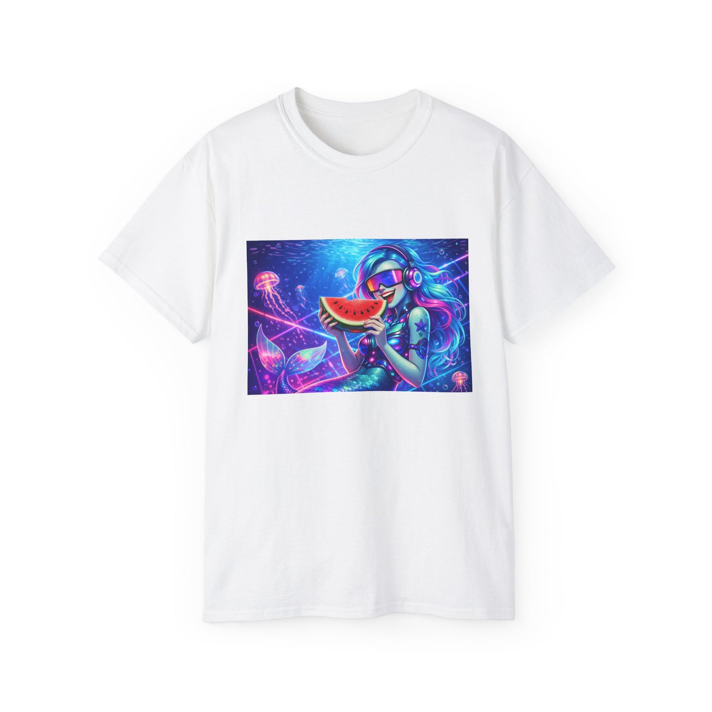 Summer Siren T‑Shirt — Neon Mermaid Eating Watermelon Graphic Tee