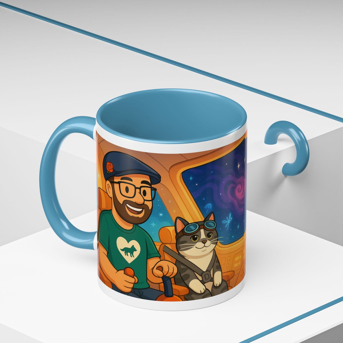 Space Roadtrip Coffee Mug — Cute Cat Copilot Astronaut Travel Illustration (11/15oz)
