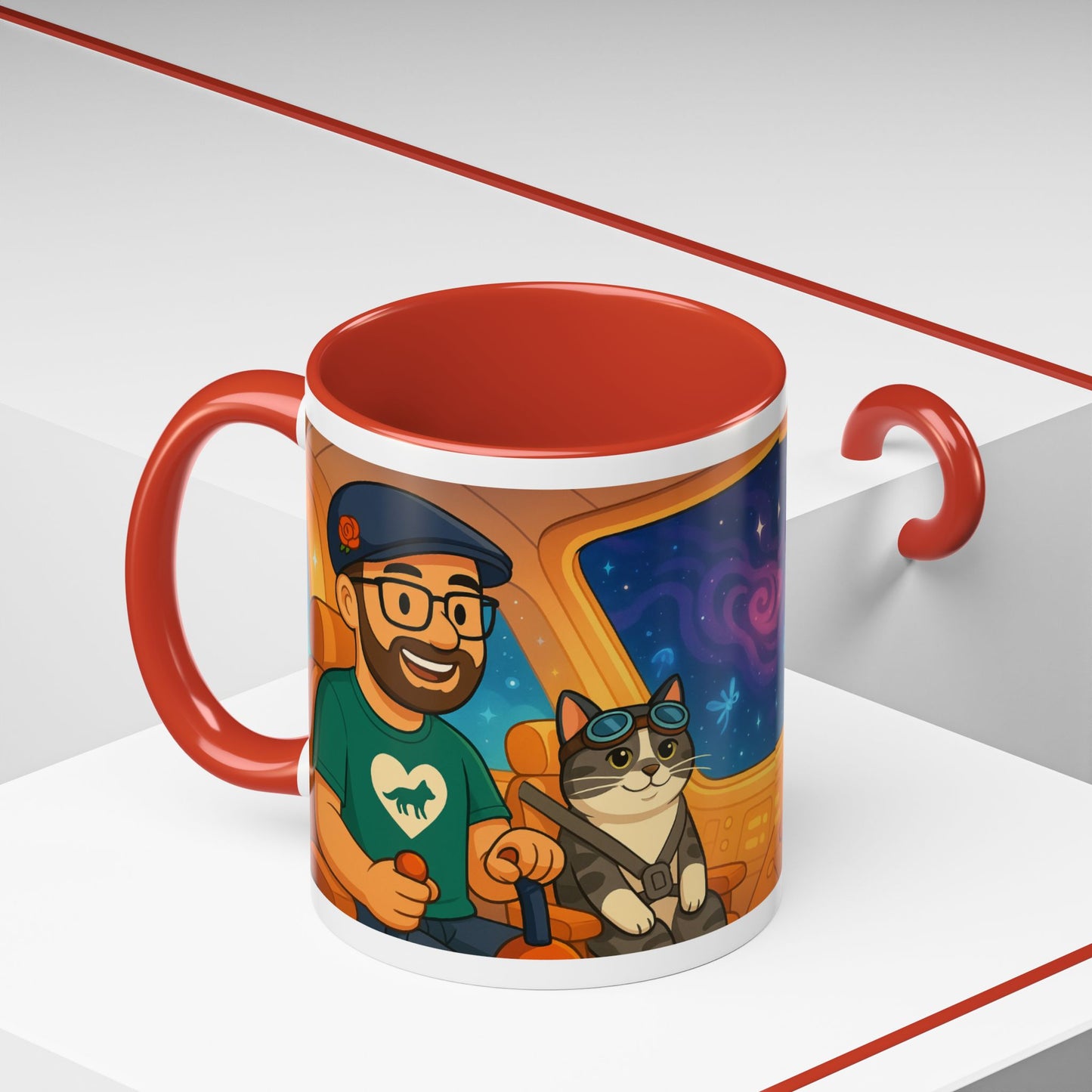 Space Roadtrip Coffee Mug — Cute Cat Copilot Astronaut Travel Illustration (11/15oz)