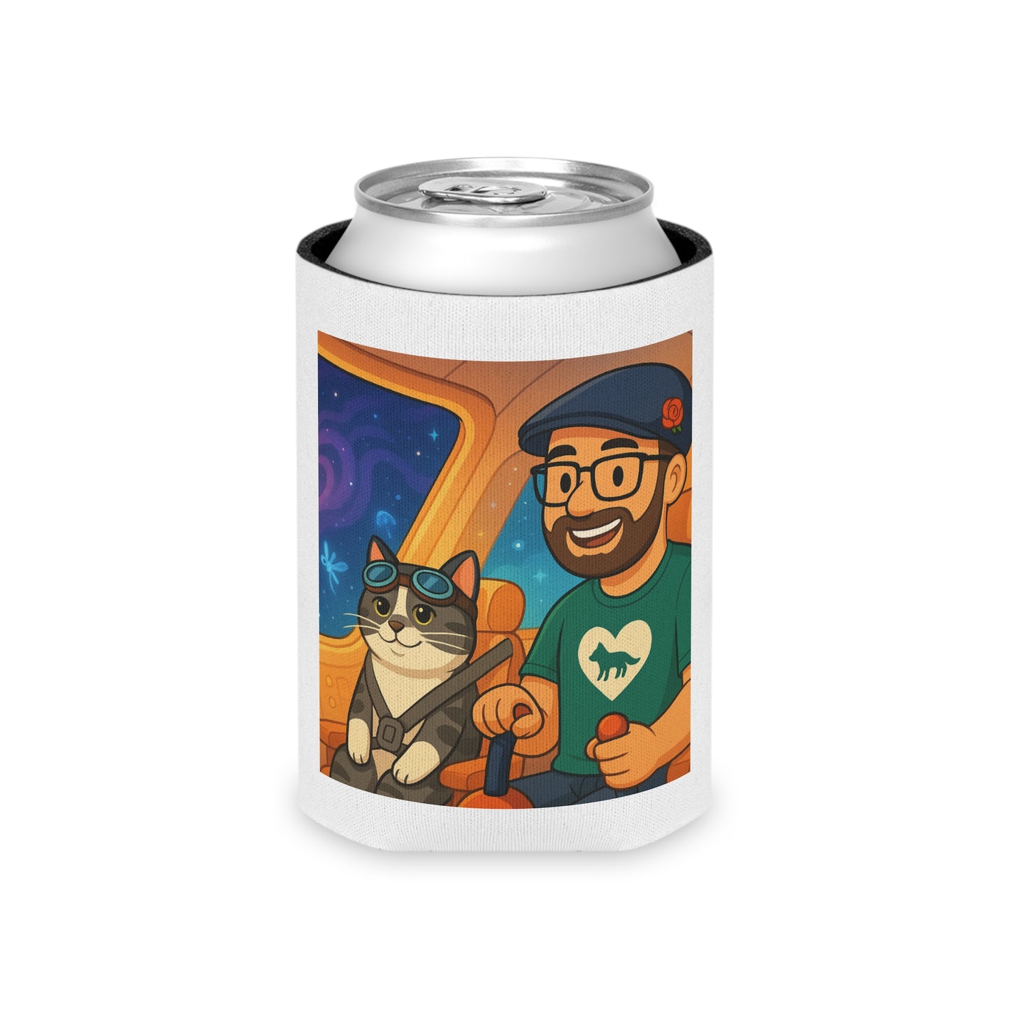 Retro Space Roadtrip Can Cooler – Cartoon Guy & Raccoon Design