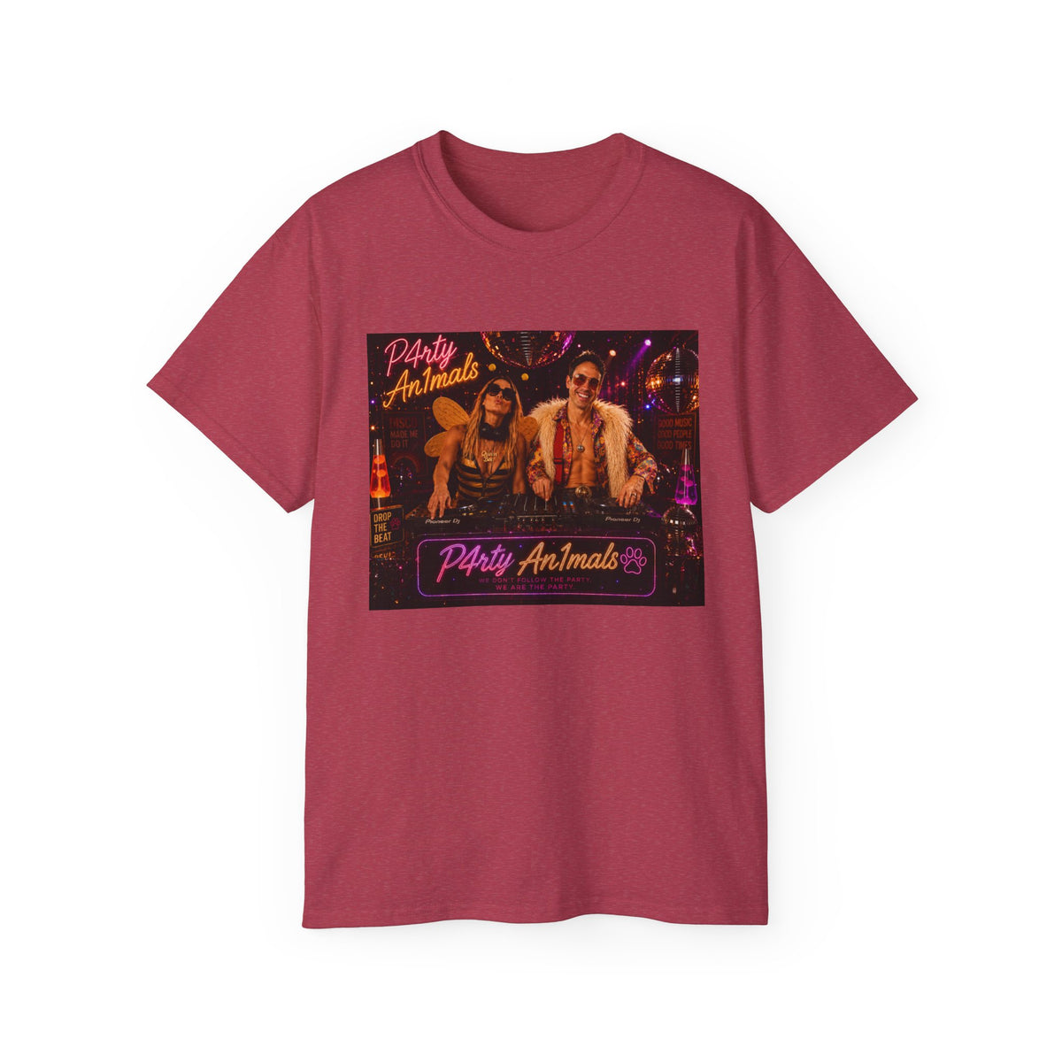 Party Animals Graphic Tee - Retro Neon Casino Night Shirt
