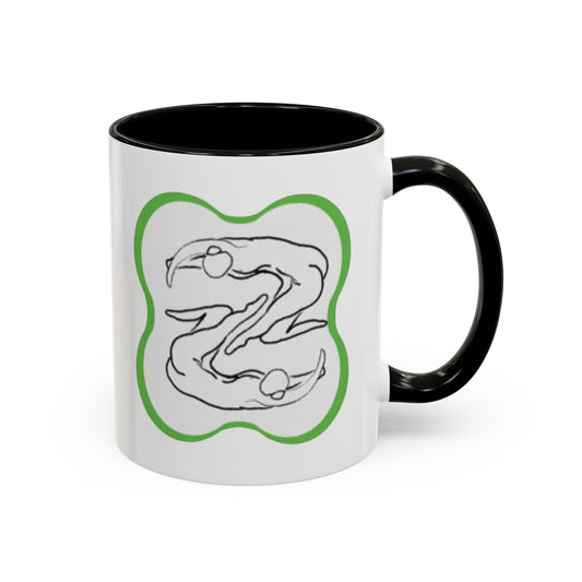 11oz/15oz Ceramic Mug — Minimal Line Art Somatic Embrace Design in Green Frame