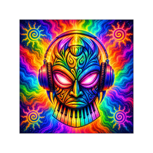 Psychedelic Music Skull Square Vinyl Sticker — Rainbow Headphones & Keyboard Art