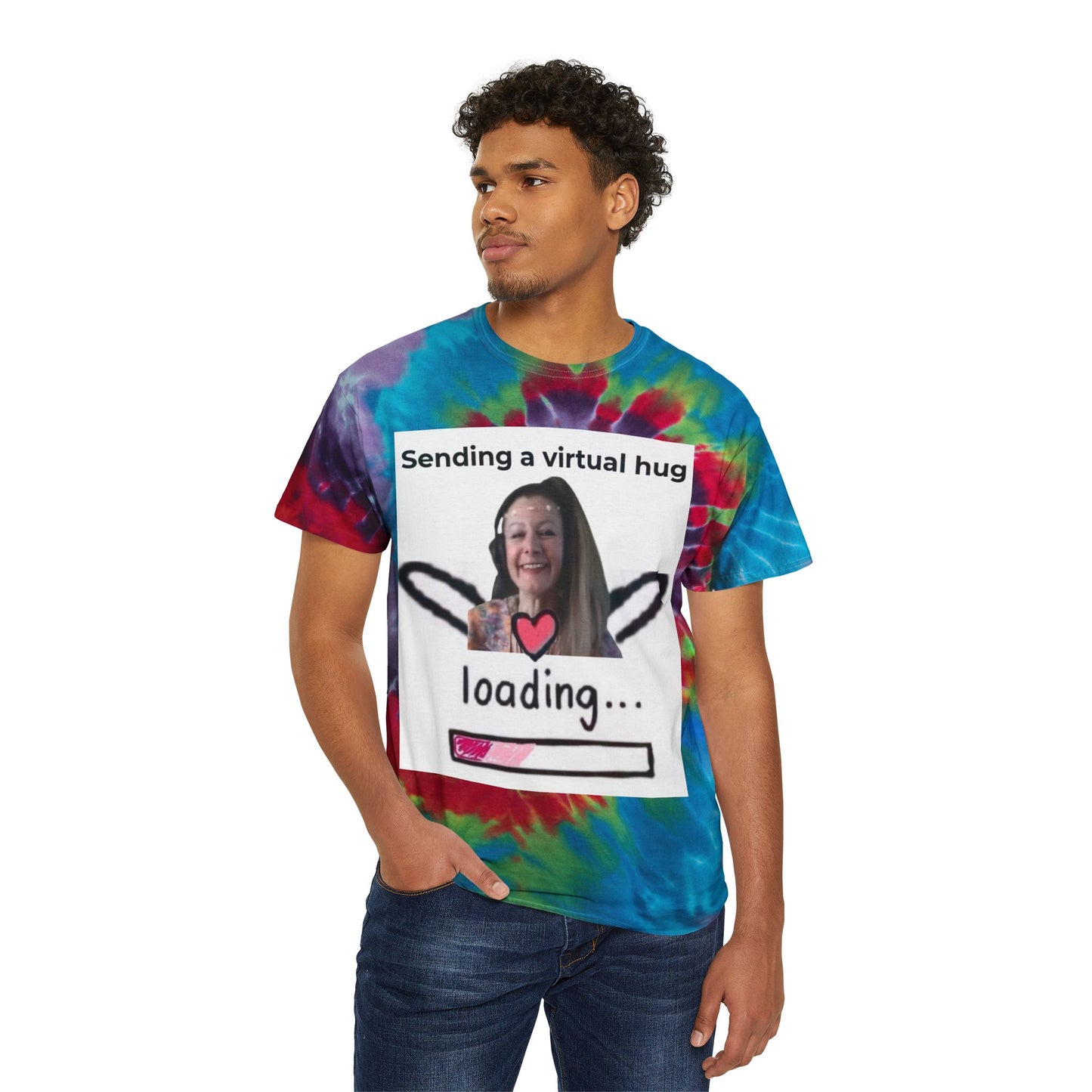 Tie-Dye Tee — 'Sending a Virtual Hug... Loading' Spiral Graphic T-Shirt