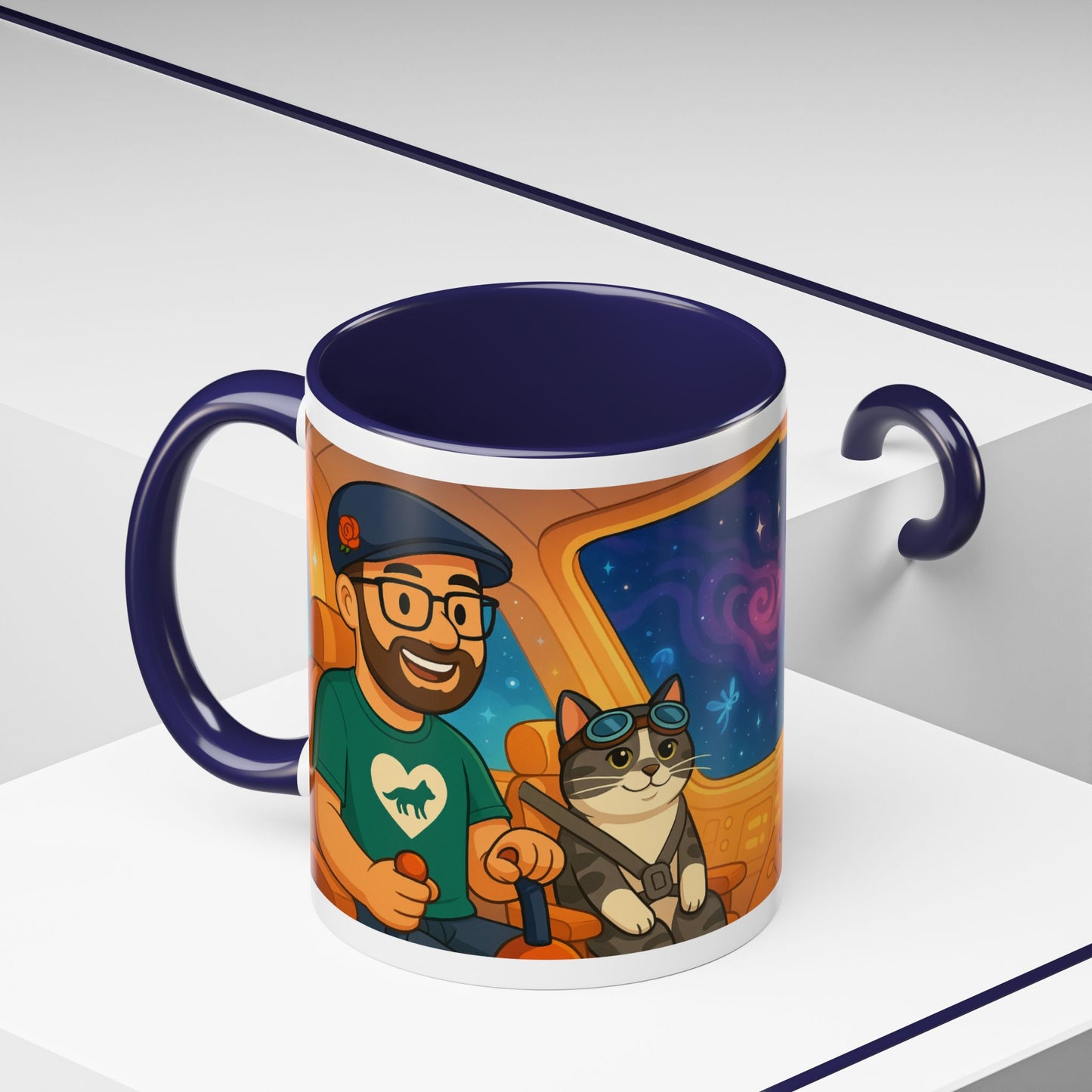 Space Roadtrip Coffee Mug — Cute Cat Copilot Astronaut Travel Illustration (11/15oz)
