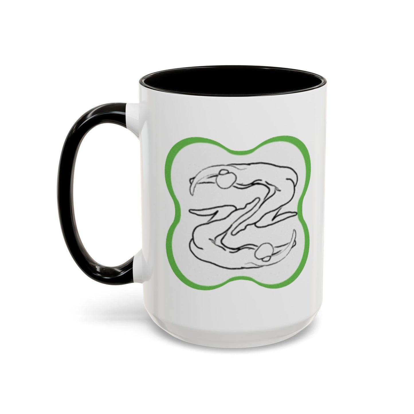 11oz/15oz Ceramic Mug — Minimal Line Art Somatic Embrace Design in Green Frame