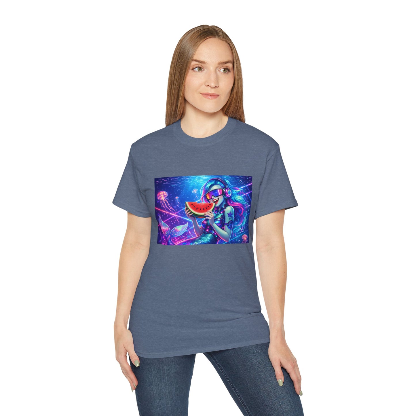 Summer Siren T‑Shirt — Neon Mermaid Eating Watermelon Graphic Tee