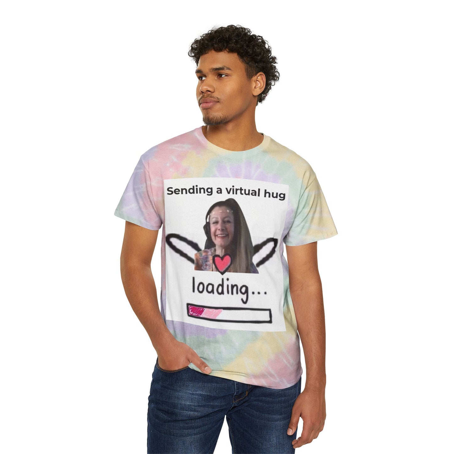 Tie-Dye Tee — 'Sending a Virtual Hug... Loading' Spiral Graphic T-Shirt