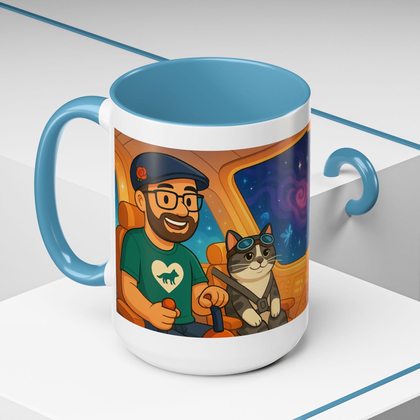Space Roadtrip Coffee Mug — Cute Cat Copilot Astronaut Travel Illustration (11/15oz)