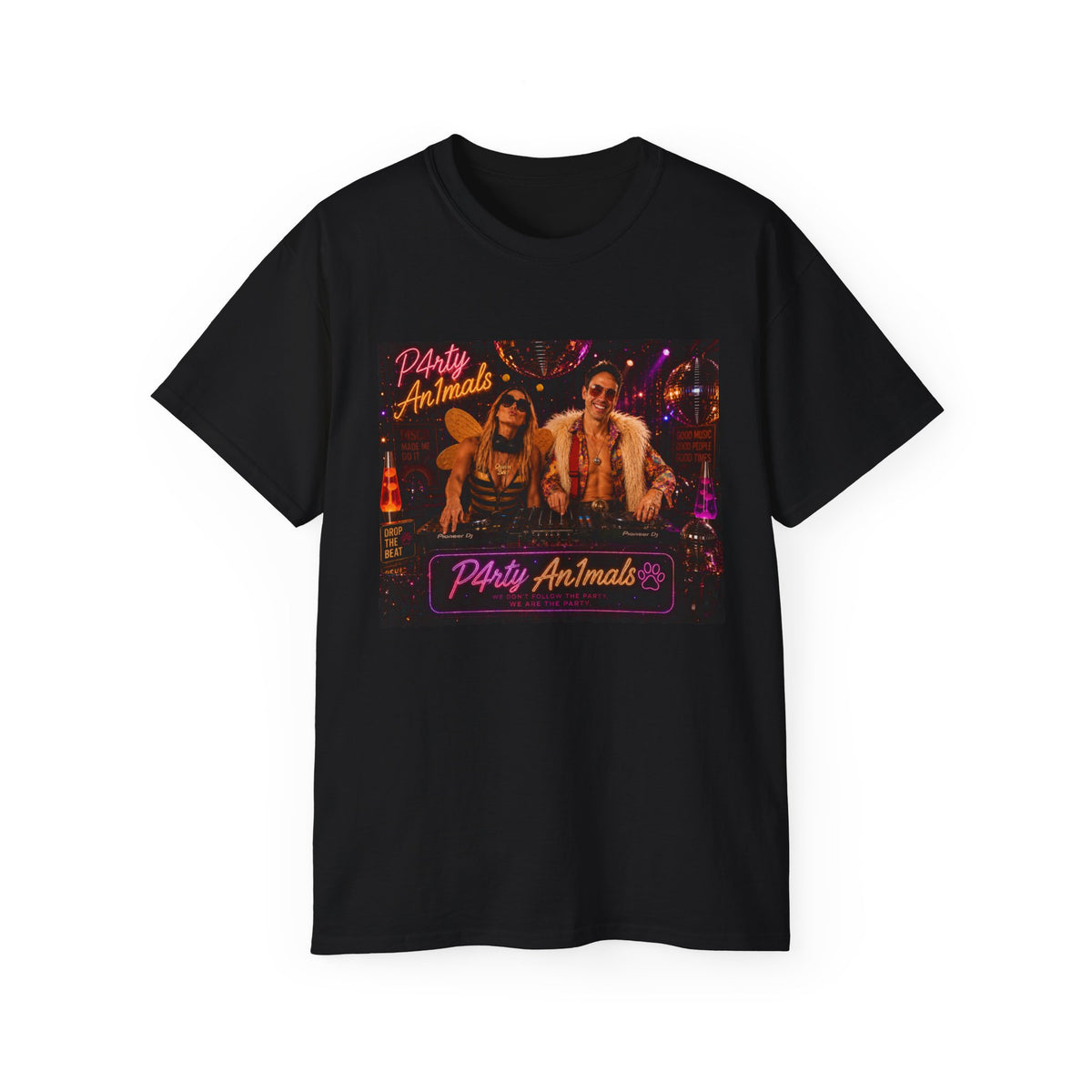 Party Animals Graphic Tee - Retro Neon Casino Night Shirt