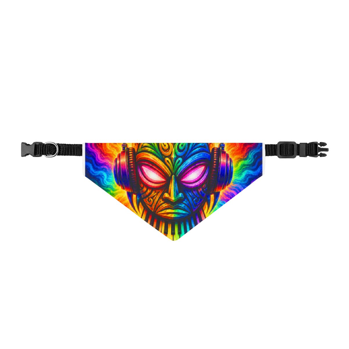 Psychedelic Tribal Mask Clip-On Pet Bandana — Vibrant Festival Dog Collar Accessory