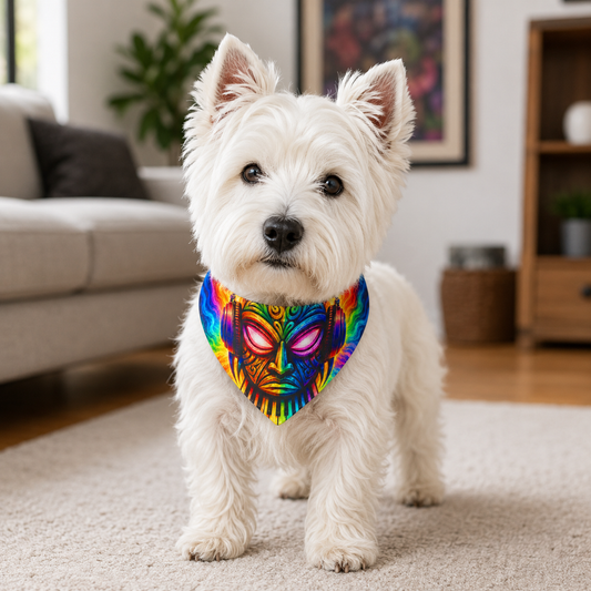 Psychedelic Tribal Mask Clip-On Pet Bandana — Vibrant Festival Dog Collar Accessory