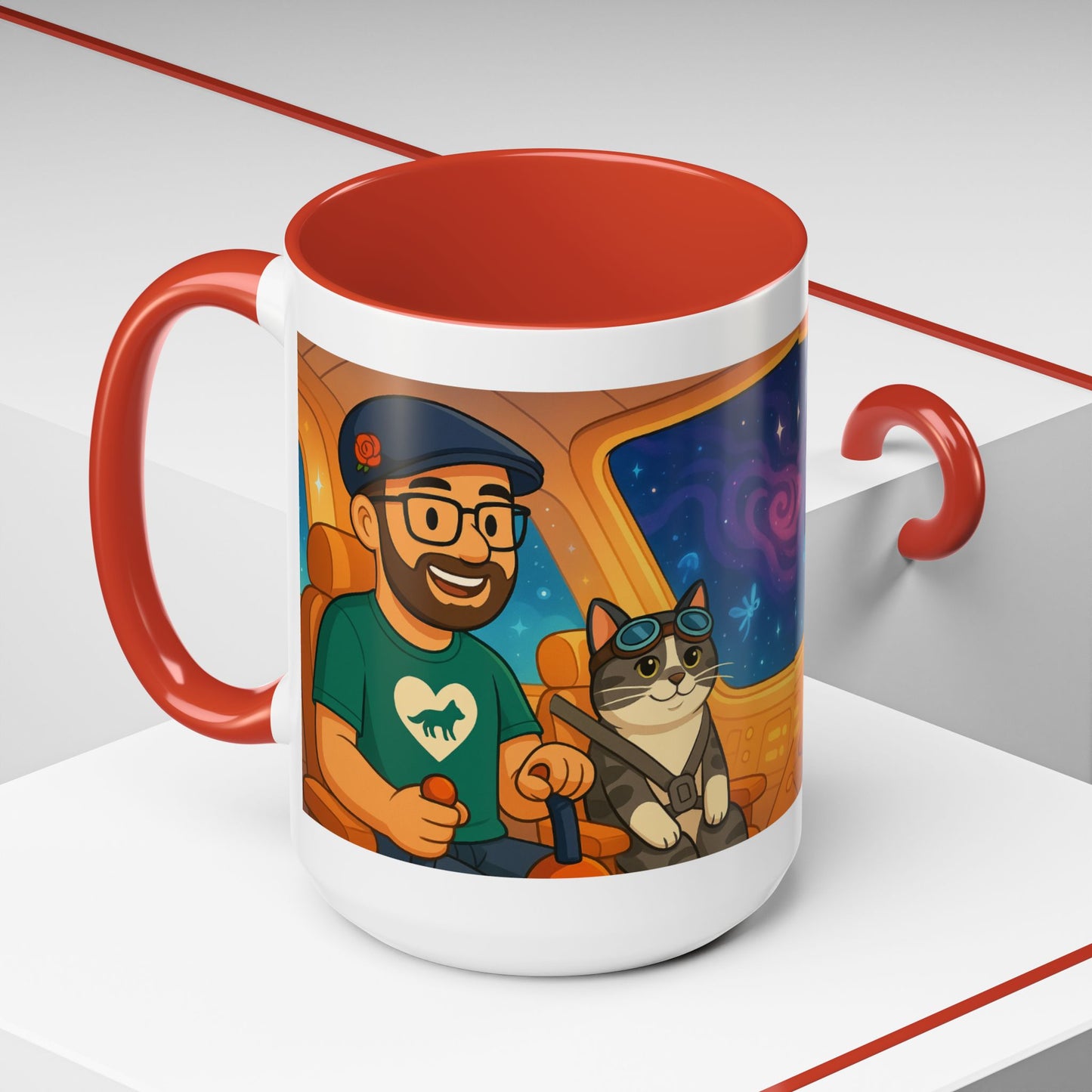 Space Roadtrip Coffee Mug — Cute Cat Copilot Astronaut Travel Illustration (11/15oz)