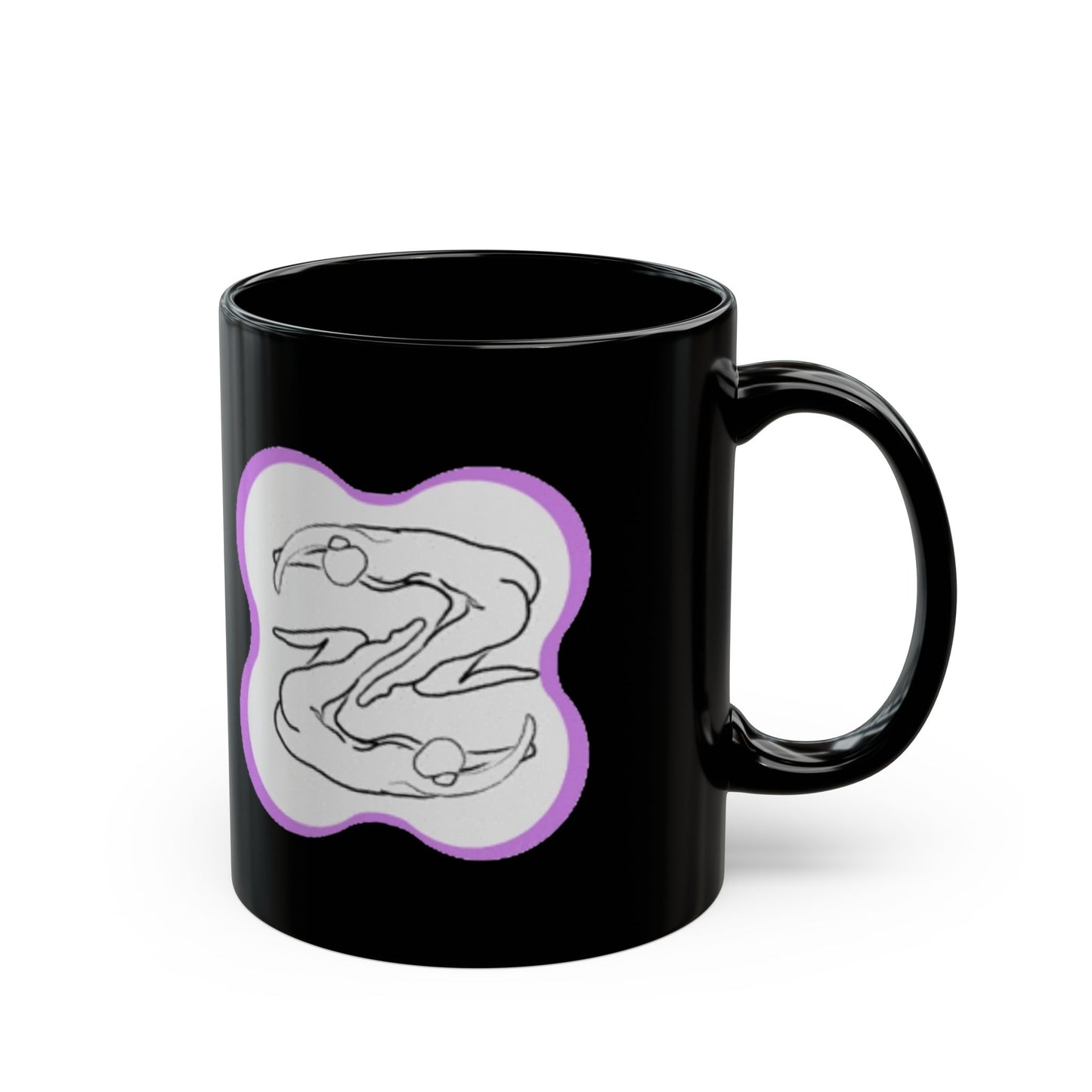 Black Ceramic Mug — Minimalist Abstract Faces Design with Purple Accent (11oz, 15oz)