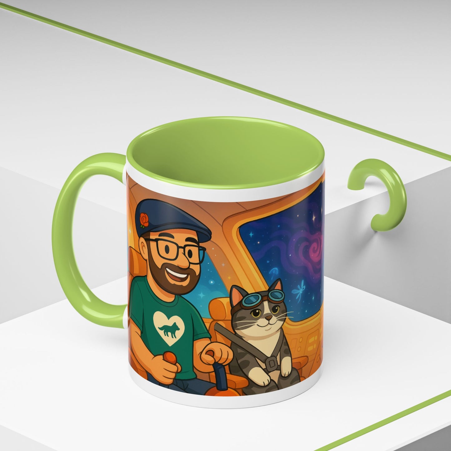 Space Roadtrip Coffee Mug — Cute Cat Copilot Astronaut Travel Illustration (11/15oz)