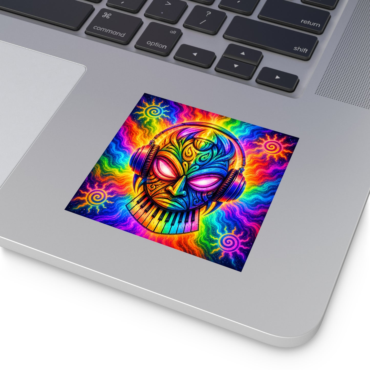 Psychedelic Music Skull Square Vinyl Sticker — Rainbow Headphones & Keyboard Art