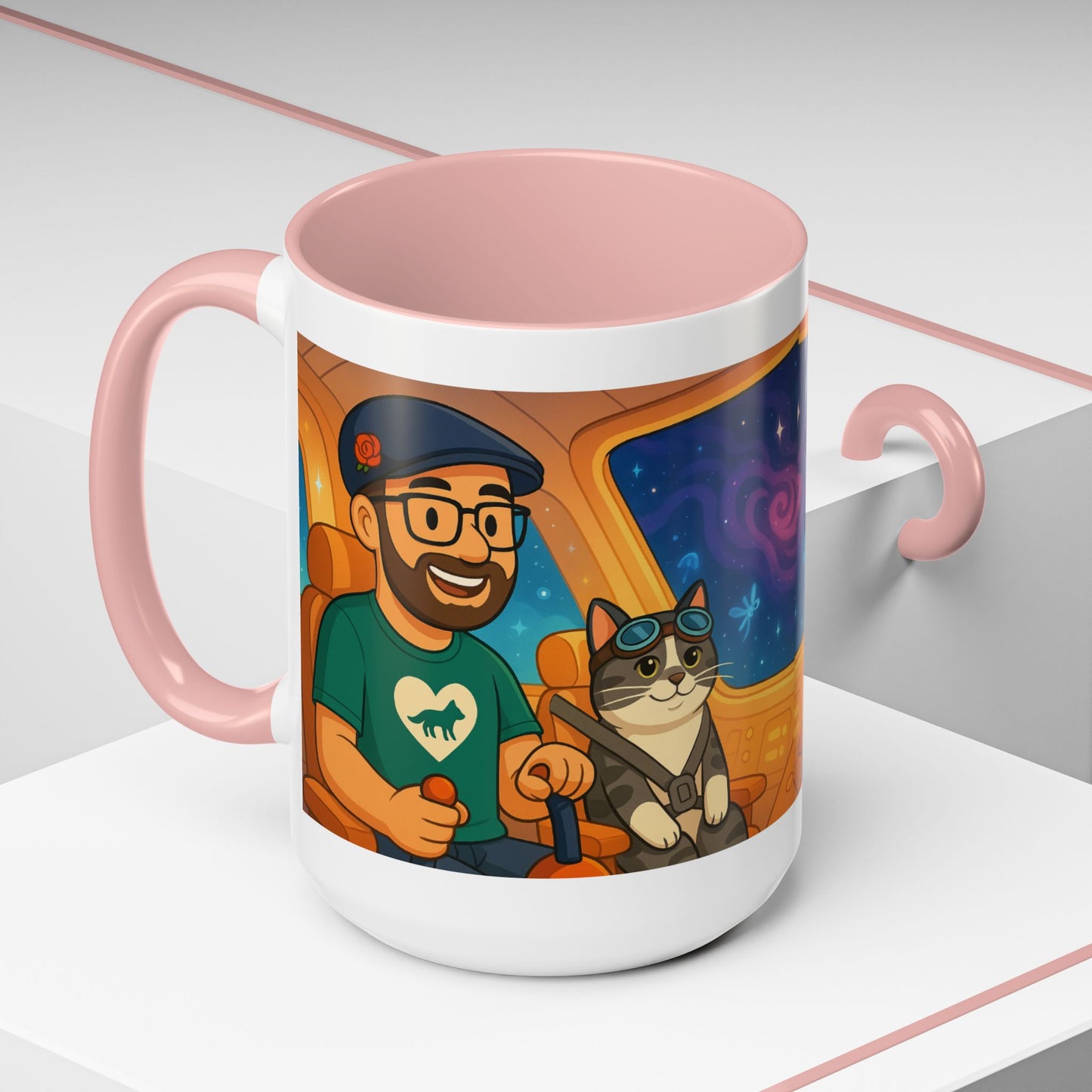 Space Roadtrip Coffee Mug — Cute Cat Copilot Astronaut Travel Illustration (11/15oz)