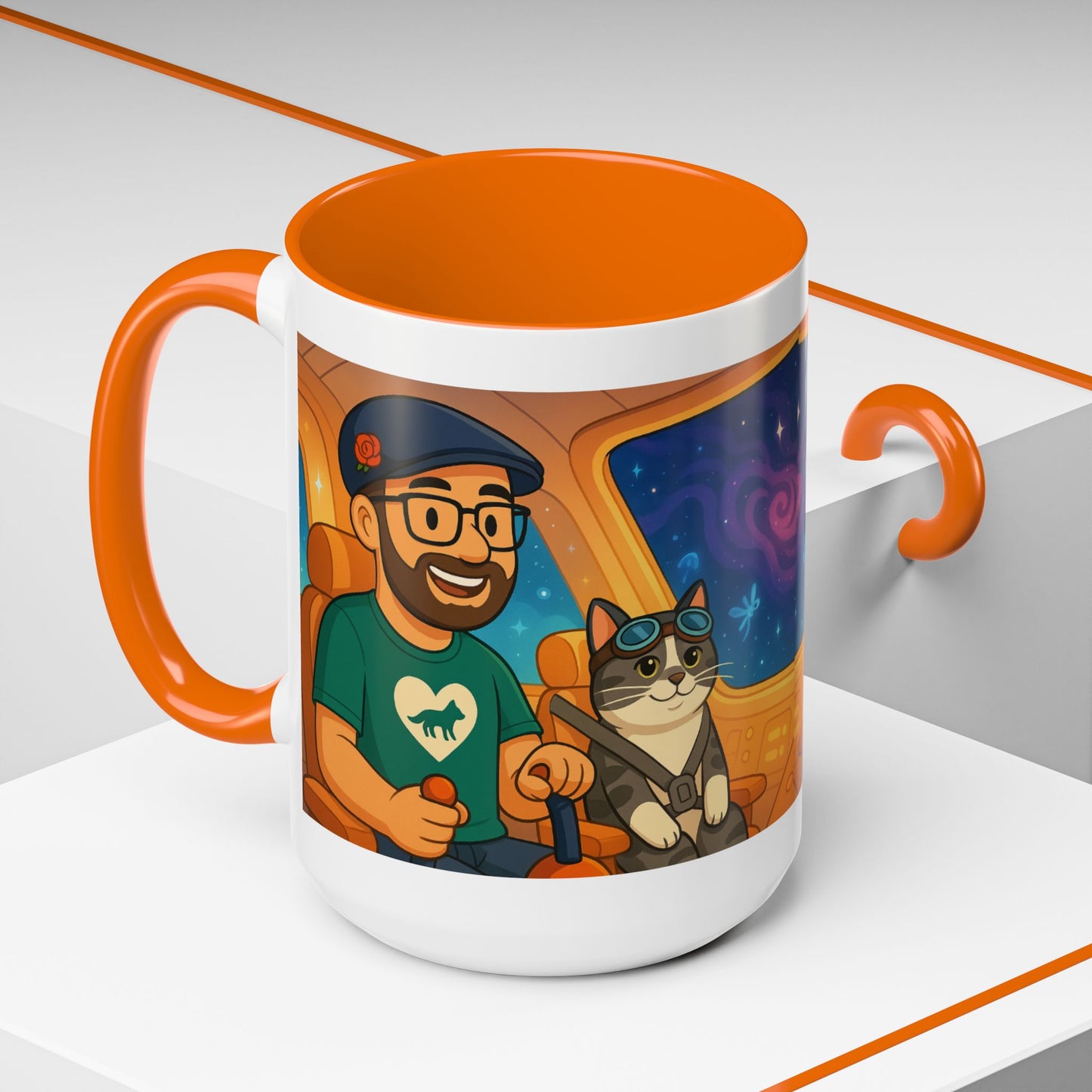 Space Roadtrip Coffee Mug — Cute Cat Copilot Astronaut Travel Illustration (11/15oz)