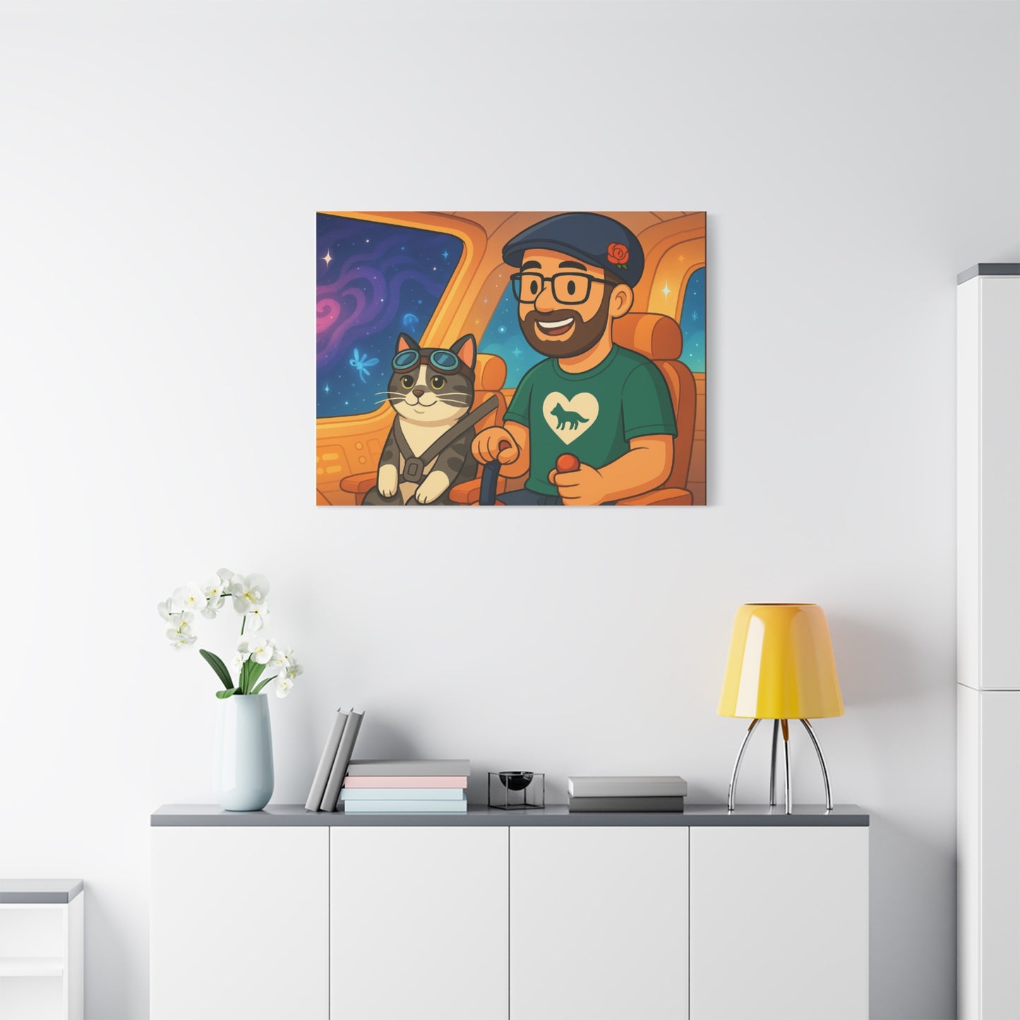 Custom Pet & Owner Portrait Canvas — Personalized Space Pilot Illustration