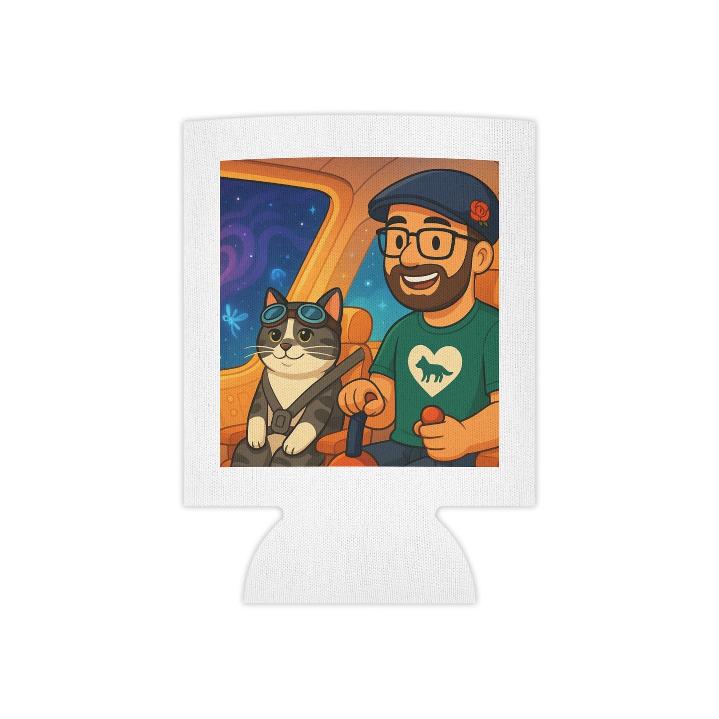 Retro Space Roadtrip Can Cooler – Cartoon Guy & Raccoon Design
