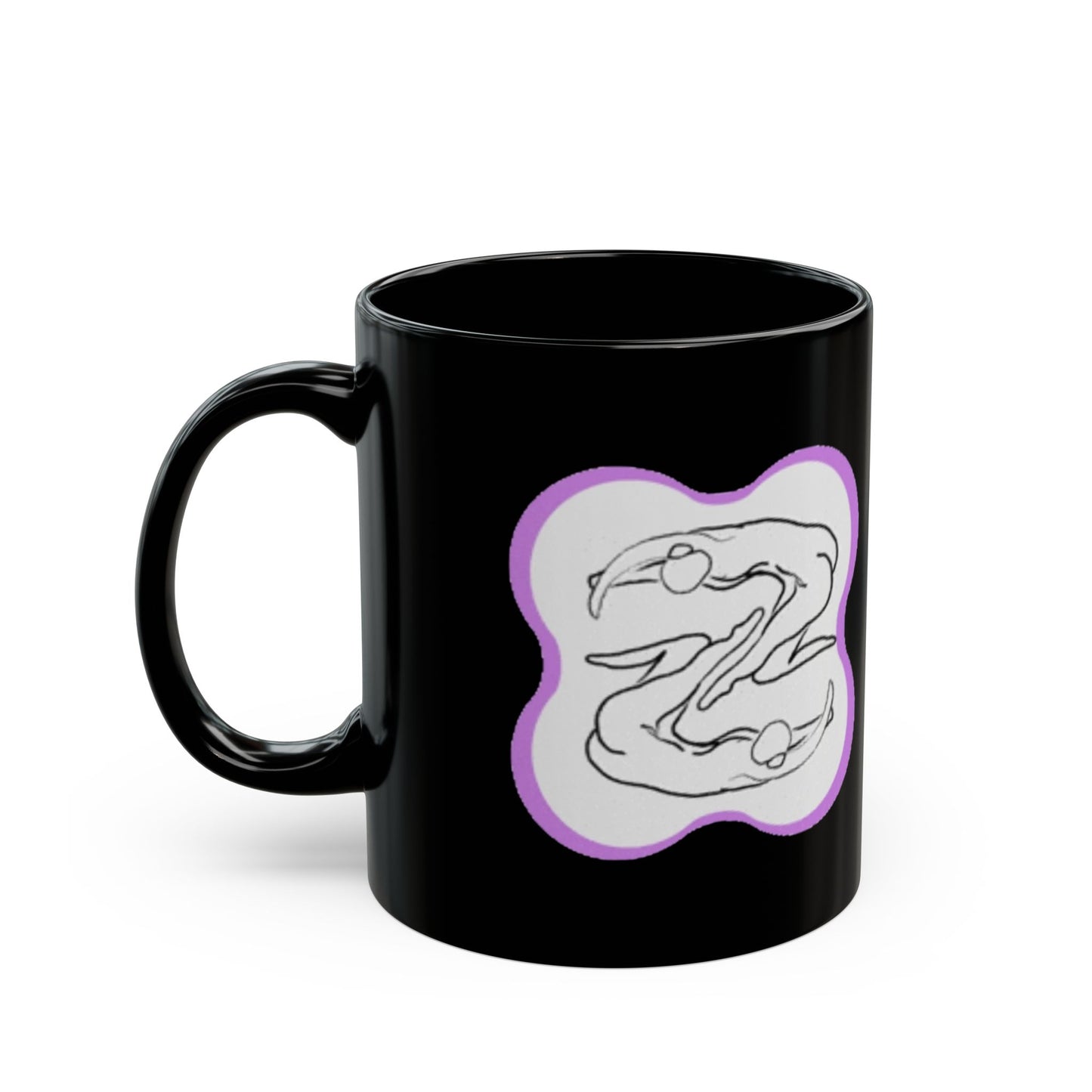 Black Ceramic Mug — Minimalist Abstract Faces Design with Purple Accent (11oz, 15oz)