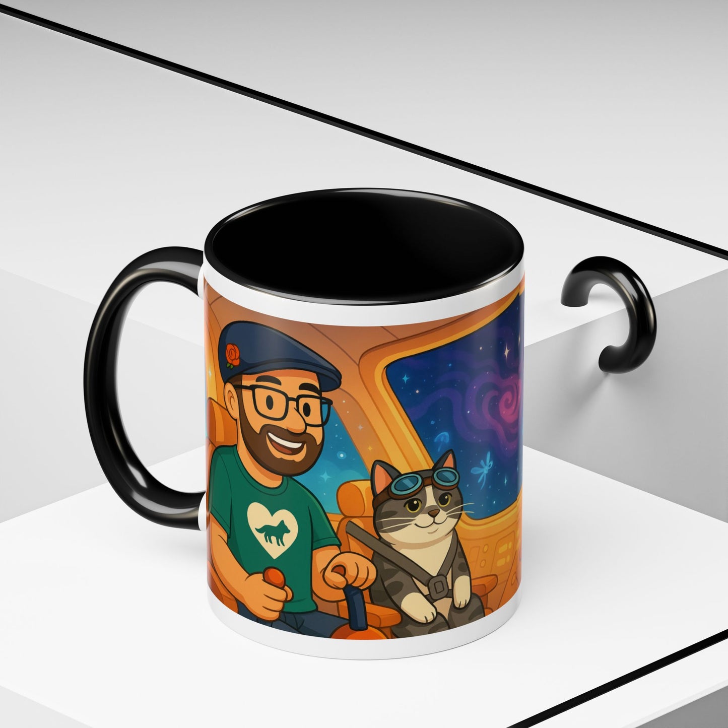 Space Roadtrip Coffee Mug — Cute Cat Copilot Astronaut Travel Illustration (11/15oz)