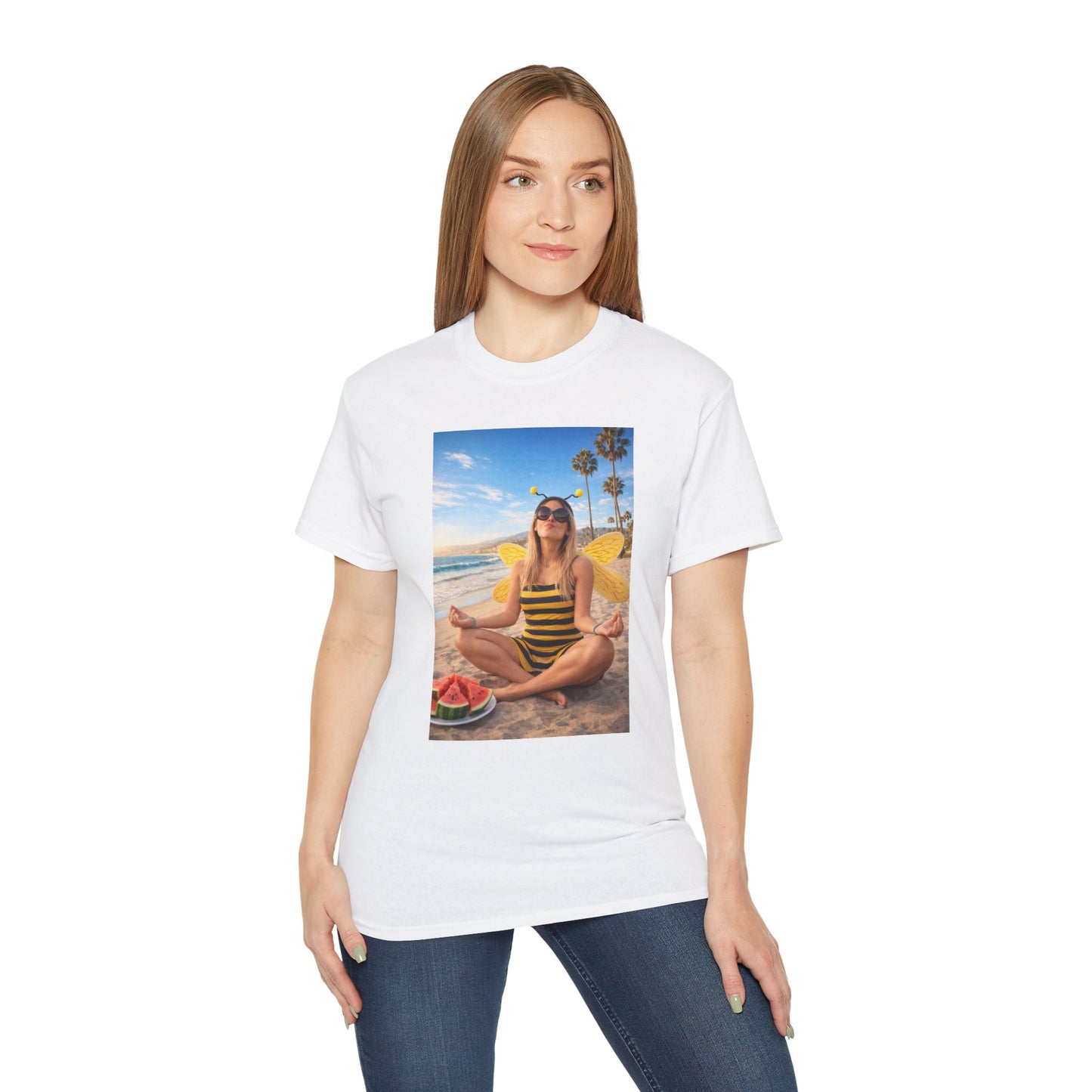 Beach Yoga Bee Graphic Tee — Summer Relaxation T-Shirt