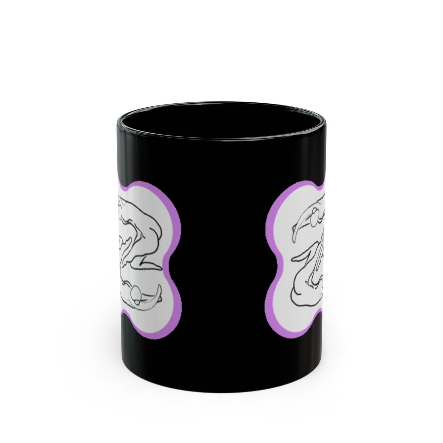 Black Ceramic Mug — Minimalist Abstract Faces Design with Purple Accent (11oz, 15oz)
