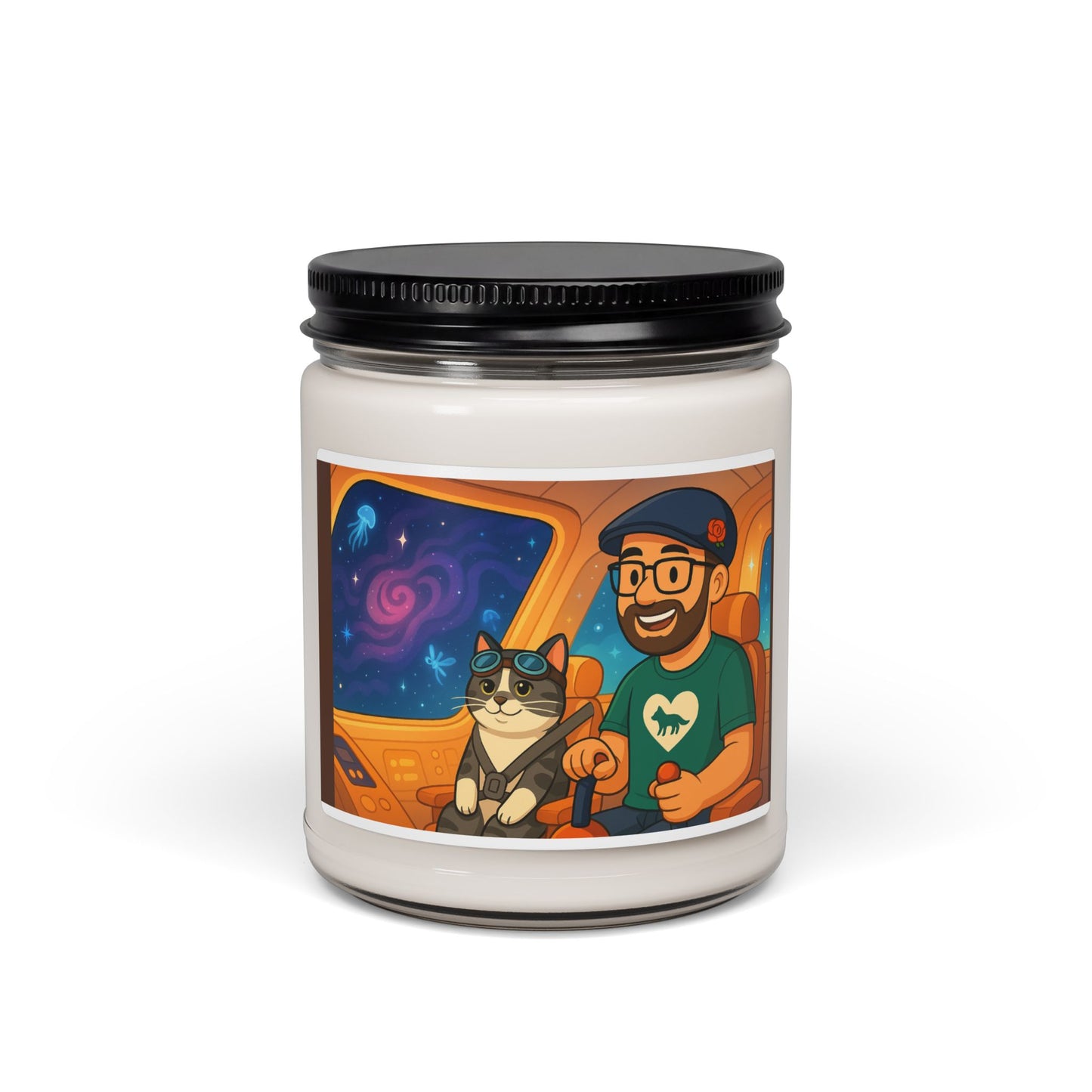 Soy Candle — 'Space Roadtrip' Illustrated Cat + Pilot Scented Candle (9oz)