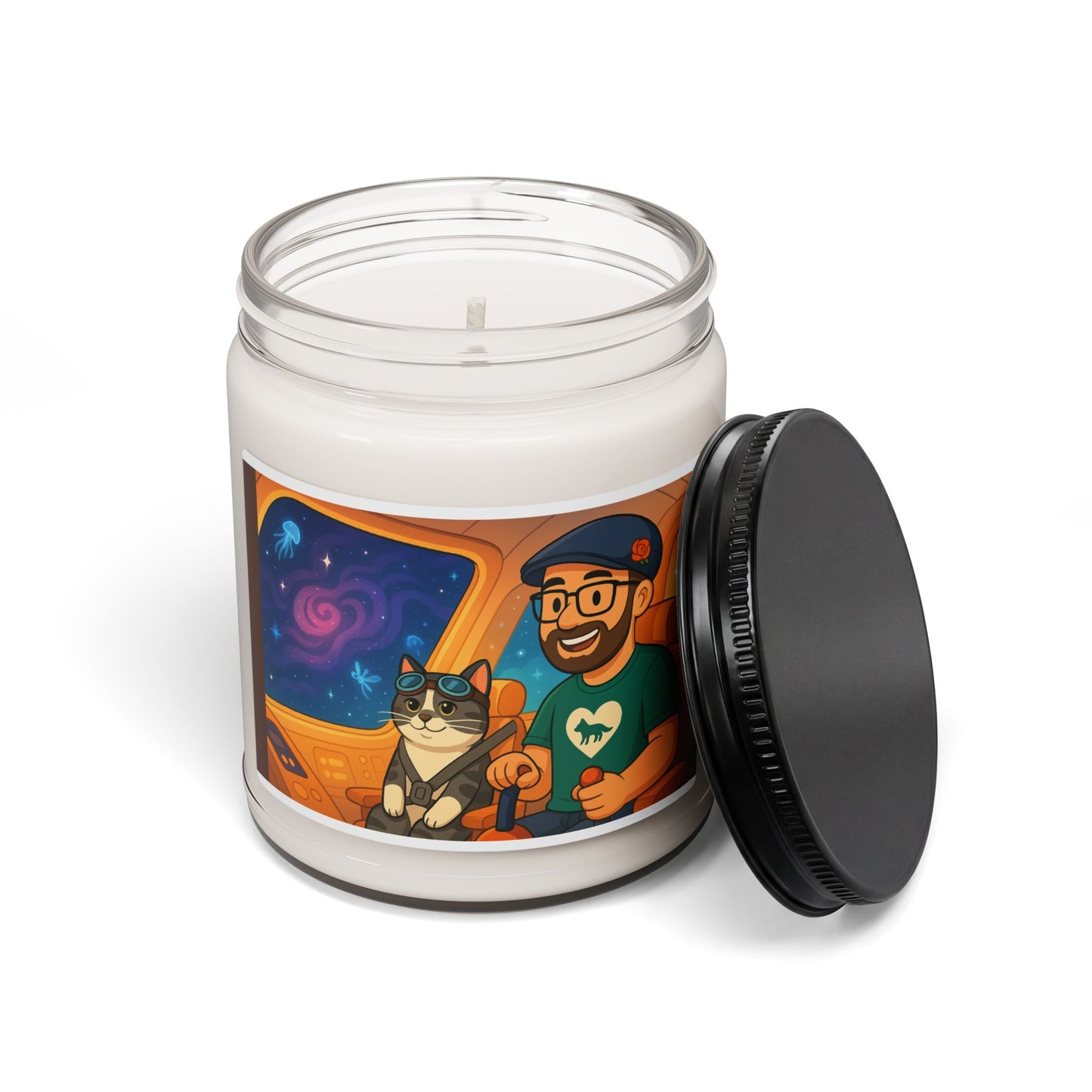 Soy Candle — 'Space Roadtrip' Illustrated Cat + Pilot Scented Candle (9oz)