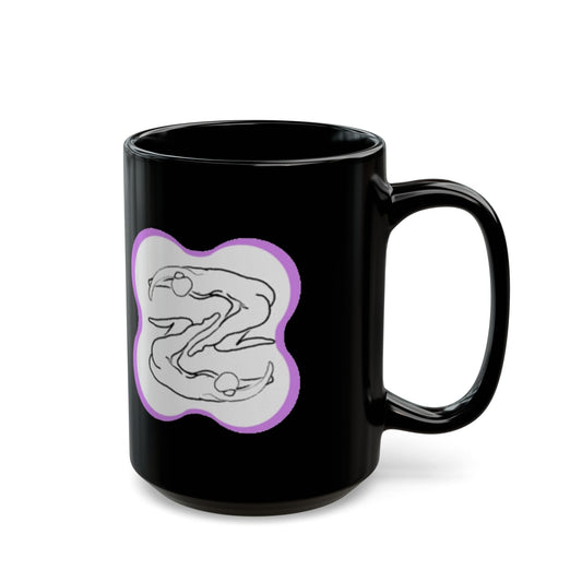 Black Ceramic Mug — Minimalist Abstract Faces Design with Purple Accent (11oz, 15oz)