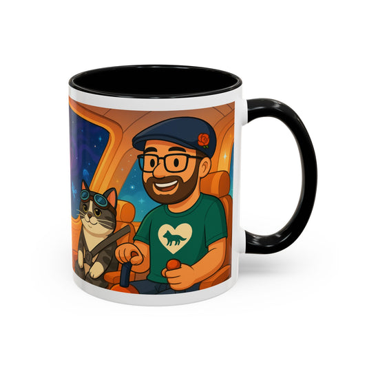 Space Roadtrip Coffee Mug — Cute Cat Copilot Astronaut Travel Illustration (11/15oz)