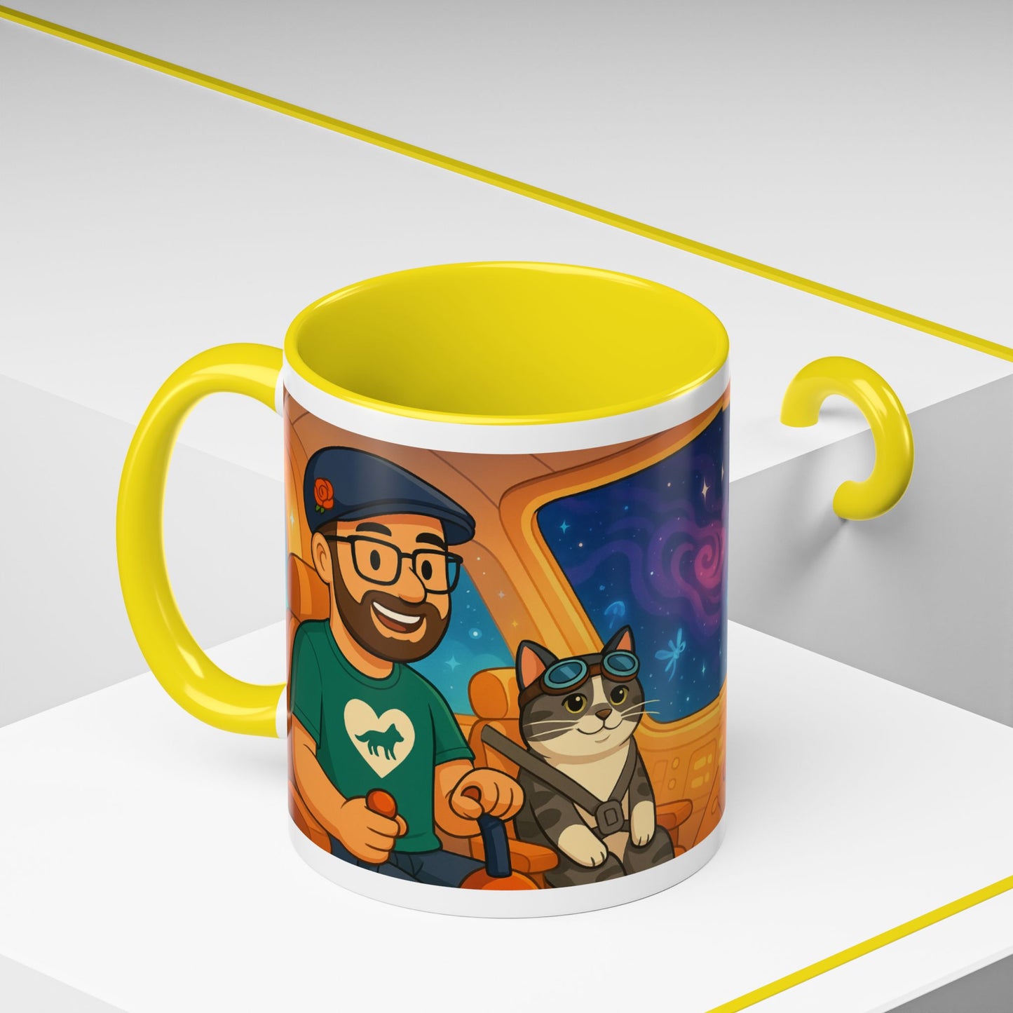 Space Roadtrip Coffee Mug — Cute Cat Copilot Astronaut Travel Illustration (11/15oz)