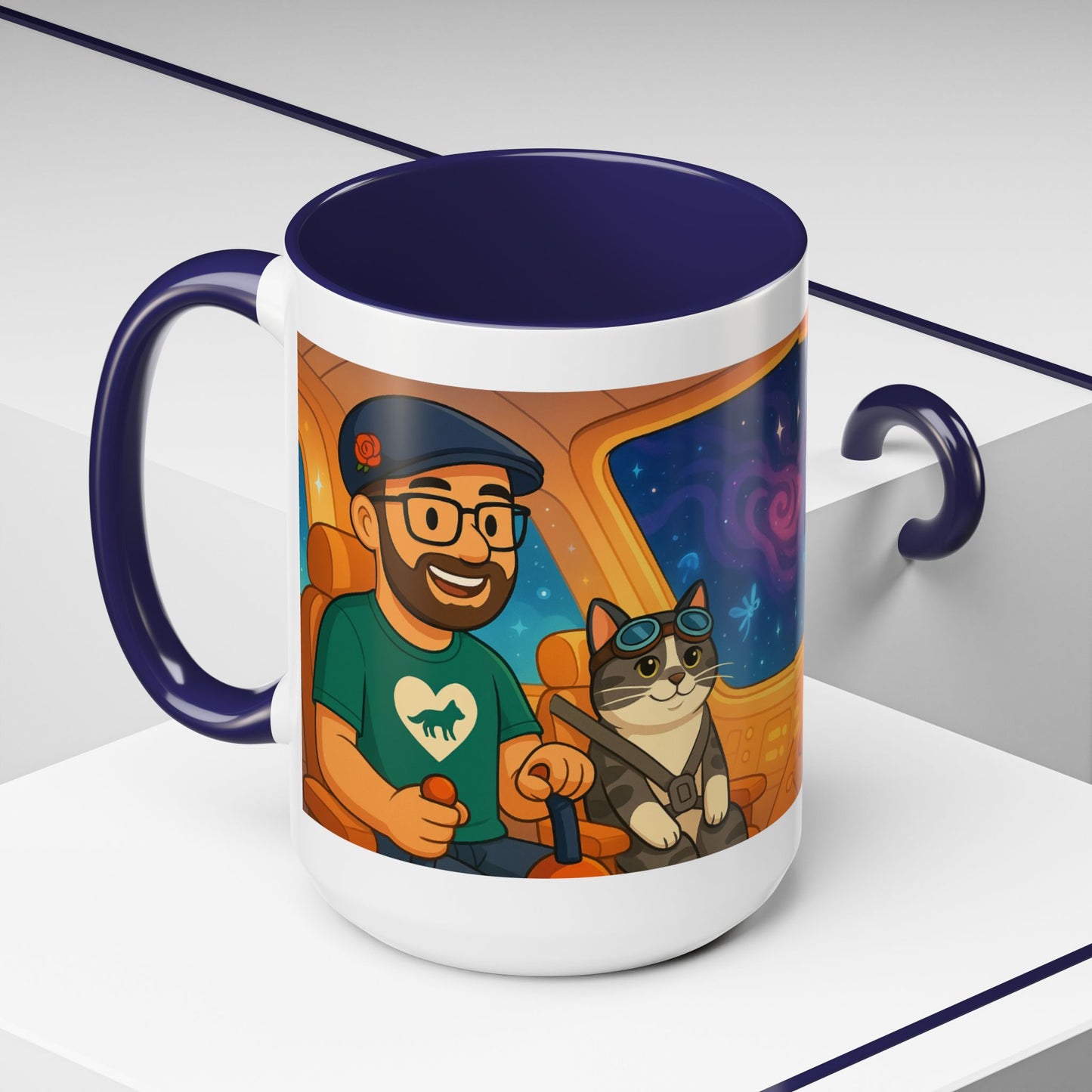 Space Roadtrip Coffee Mug — Cute Cat Copilot Astronaut Travel Illustration (11/15oz)